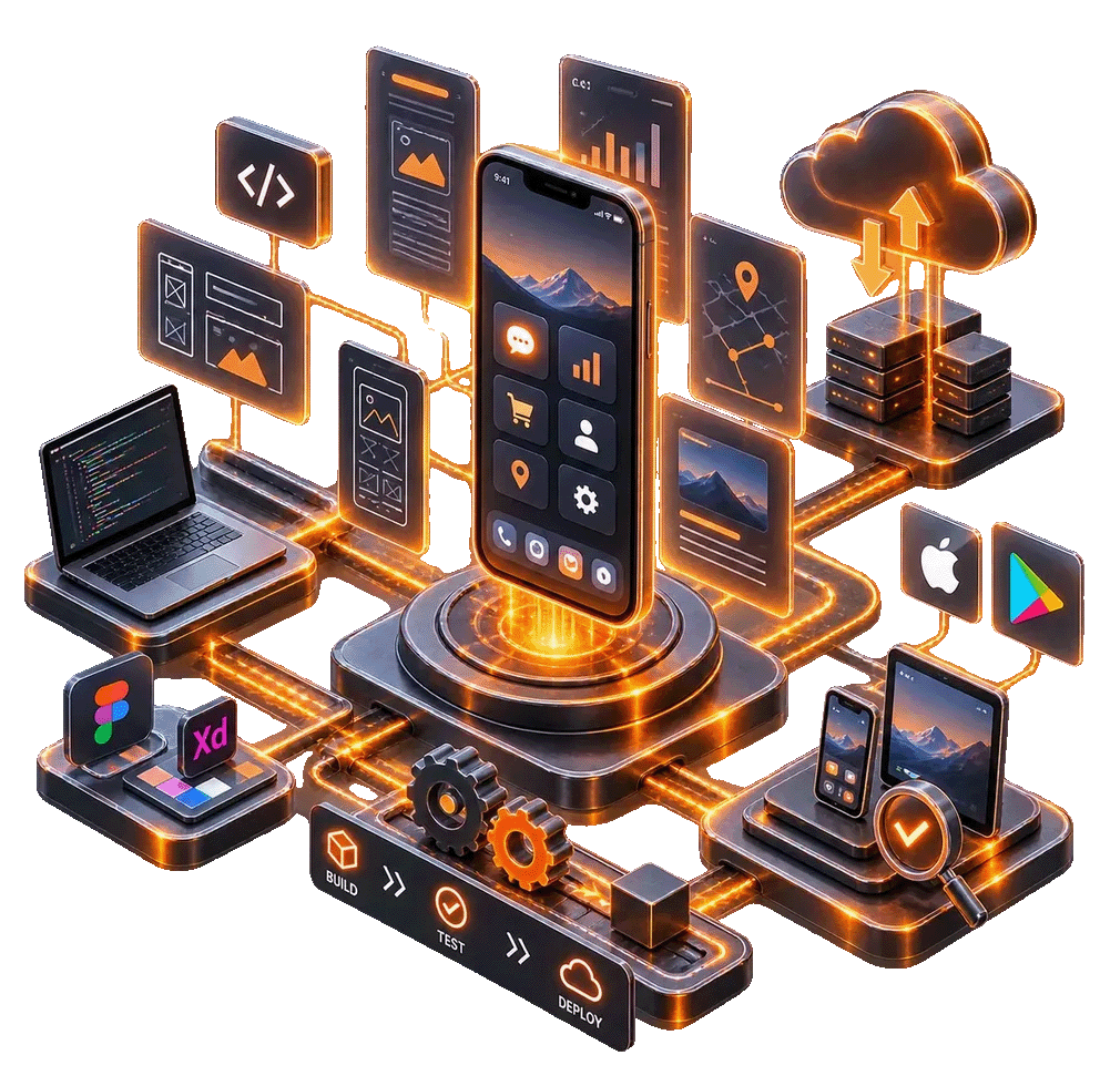 Mobile application development architecture connecting mobile experiences, cloud services, development tools and deployment workflows
